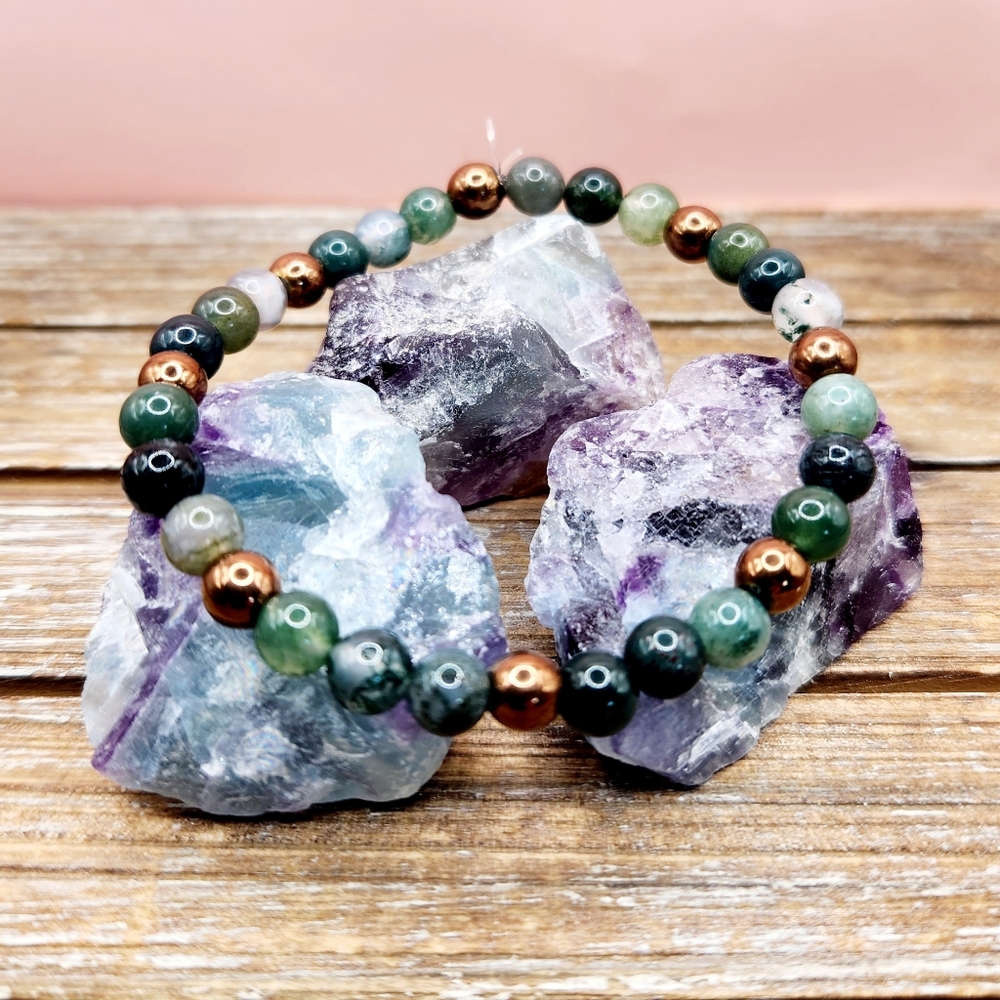 Green Moss Agate and Copper Hematite Beaded Bracelet
